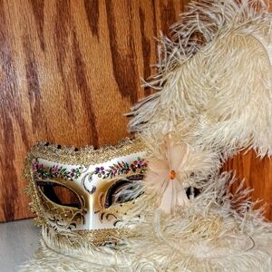 Elegant Gold and Cream Feathered Masquerade Mask